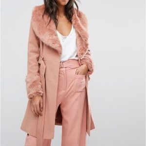 Miss Selfridge Pink Faux Fur Cuff and Collar Coat
